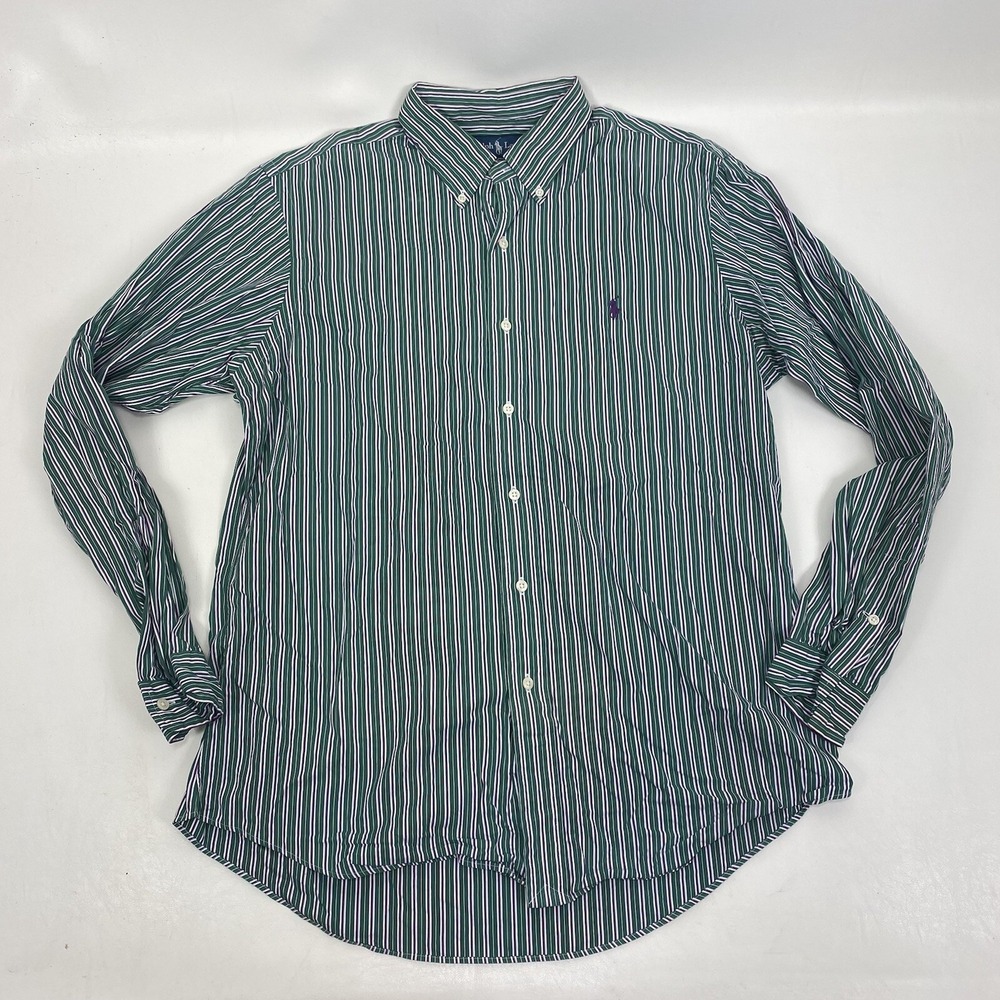 Ralph Lauren Custom Fit Long Sleeve Shirt Button Down Green Purple Striped Sz L